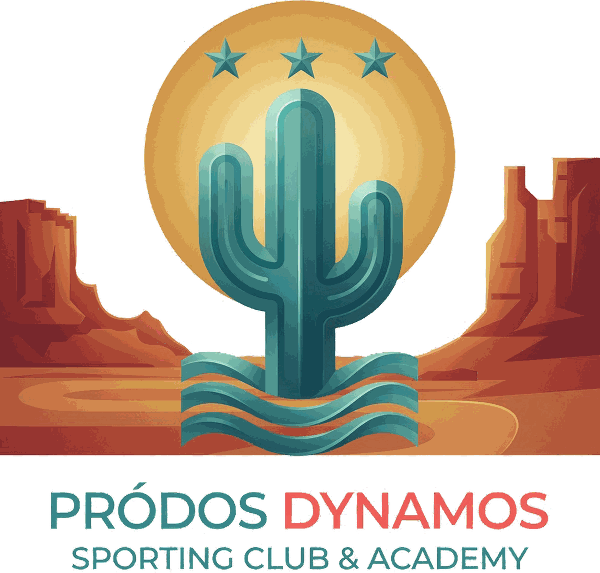 The Pródos Dynamos crest: a saguaro before a golden sun, three stars above, desert mesas behind. Pródos Dynamos Sporting Club & Academy.